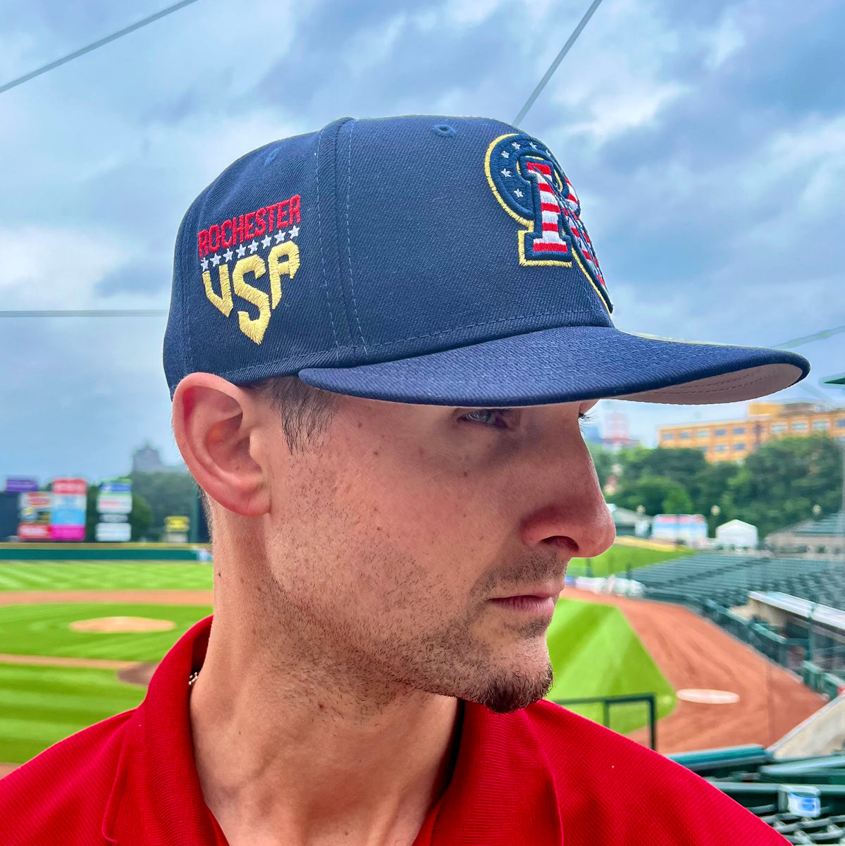 Rochester Red Wings 2023 Stars and Stripes Fitted Cap Rochester Red